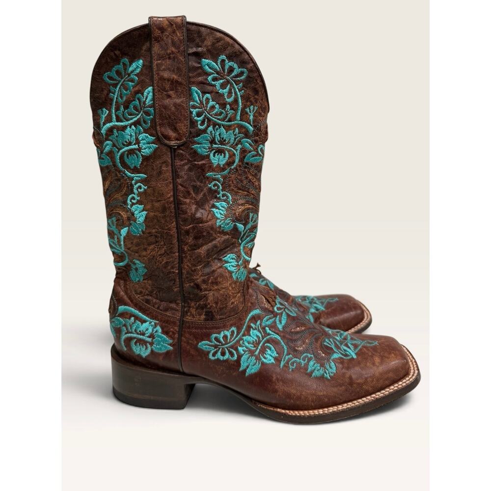 Cavender’s Women’s Brown Leather Turquoise Floral Embroidered Cowboy Boots 8M - Picture 3 of 12
